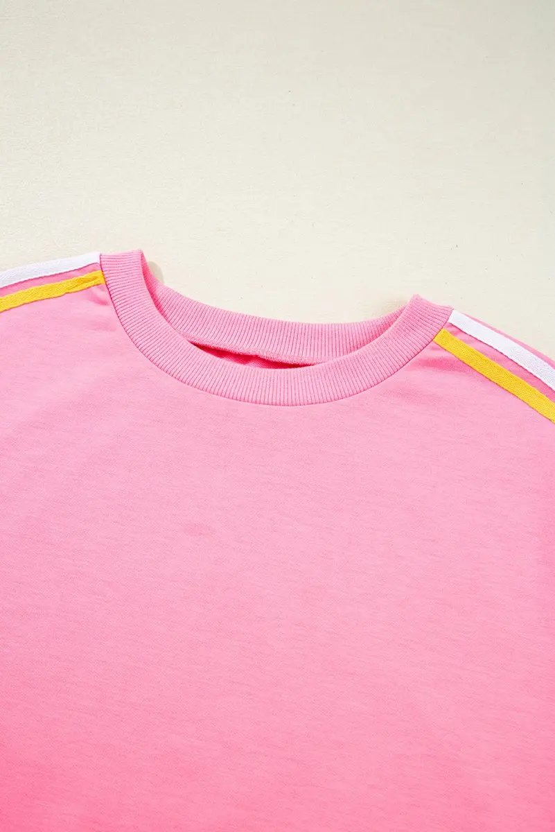 Bonbon Color Contrast Crewneck T Shirt and Wide Leg Pants Set - Love Salve